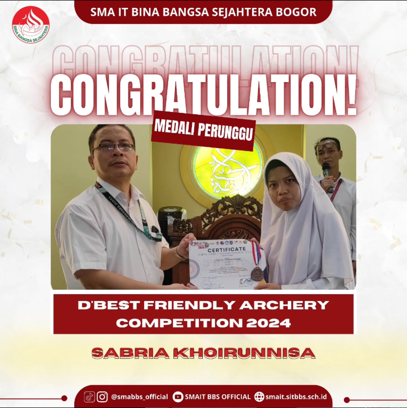 Sabria Khoirunisa meraih Juara 3 Panahan D&#039;Best Friendly Archery Competition 2024