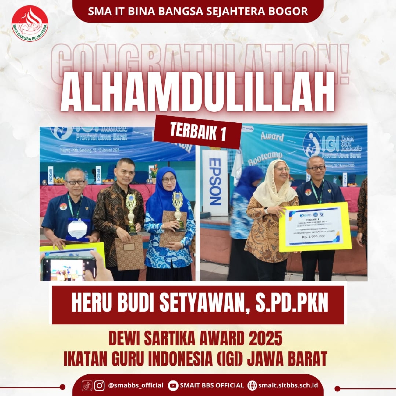Selamat Kepada Bapak Heru  Meraih Terbaik 1 Dewi Sartika Award 2025 Ikatan Guru Indonesia (IGI)  Jawa Barat Kategori Pengabdian Waktu
